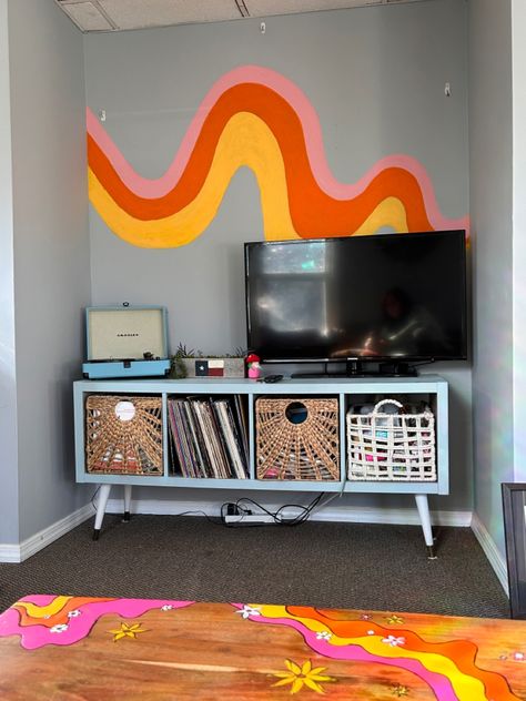 Painted my wall and coffee table a very mcm groovy rainbow. All the good vibes in my house Groovy Coffee Table, Groovy Hallway Decor, Groovy Home Decor, Groovy Office, Groovy Bedroom, Groovy Decor, Groovy Classroom, Groovy Room, Bauhaus Interior