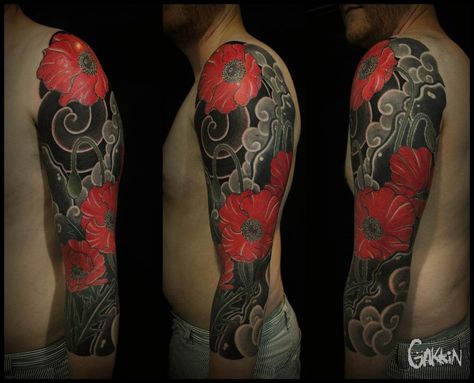 POPPIES SLEEVE BY GAKKIN TATTOO.KYOTO | www.facebook.com/gak… | Flickr - Photo Sharing! Japanese Poppy Tattoo, Japanese Wave Tattoos, Memorial Tattoo Designs, Japanese Tattoos For Men, Poppy Tattoo, Japanese Tattoo Symbols, Blackout Tattoo, Poppies Tattoo, Traditional Japanese Tattoos