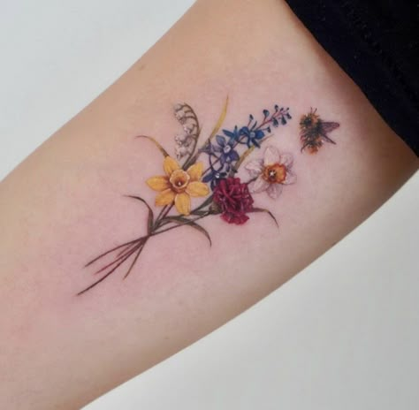 Birth Flowers Tattoo Color, Birth Month Flower Tattoos Bouquet Watercolor, Birth Flower Tattoos With Color, Colorful Birth Flower Tattoo, Family Birth Flower Bouquet Tattoo Color, Color Birth Flower Tattoo, Flowers In A Row Tattoo, Colored Birth Flower Tattoo, Birth Flowers Bouquet Tattoo