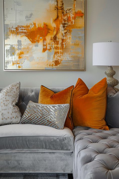 19 Grey Couch Living Room Ideas for a Unique Home Aesthetic Grey And Orange Living Room, Cream Living Room Decor, Cinnamon Living Room, Grey Couch Living Room Ideas, Blue And Orange Living Room, Dreamy Lighting, Couch Living Room Ideas, Cozy Farmhouse Living Room, Grey Sofa Living Room