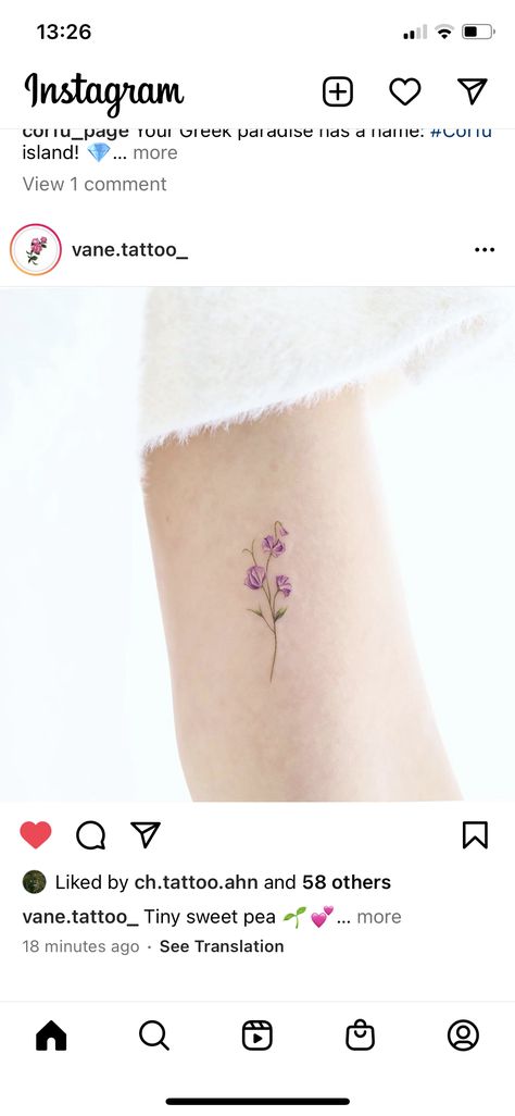 Tiny Sweet Pea Tattoo, Sweet Pea Minimalist Tattoo, Small Sweet Pea Tattoo, Sweet Pea Flowers Tattoo, April Birth Flower Tattoo Daisies Sweet Peas, Sweetpea Flower Tattoo, Pea Tattoo, Sweet Pea Tattoo, Lavender Petals