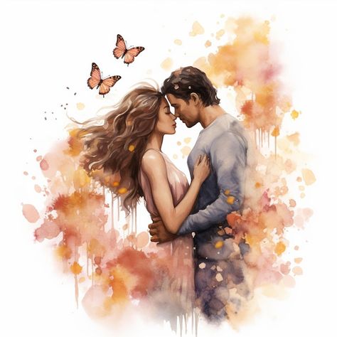 painting of a couple embracing in front of a butterfly filled background generative ai Couple Watercolor, Romantic Illustration, Illustration Couple, Couple Embracing, Couple Clipart, Love Butterflies, Couple Romantic, Journal Collage, Couple Kissing