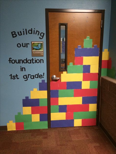 What a cute idea! LEGO theme classroom door display "Building Our Foundation in Grade 1!" Lego Classroom Theme, Room Door Ideas, High School Math Classroom, Math Classroom Decorations, School Door Decorations, Sunday School Classroom, School Doors, Back To School Bulletin Boards, Classroom Decor Themes