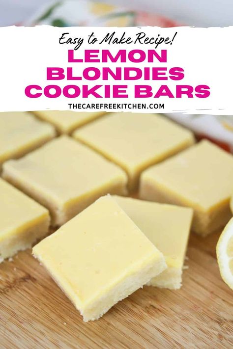 These Lemon Blondies are soft and chewy like a brownie but filled with lemon flavor and topped with tart lemon icing. Cut into bars or squares and serve at potlucks, showers, birthday parties, or for treats at home. #thecarefreekitchen #lemon #brownies #blondies #dessert #bars #cookiebars #frosting Blondies Dessert, Lemon Oreos, Lemon Blondies, Blondies Cookies, Easy Dessert Bars, French Toast Muffins, Lemon Brownies, Breakfast Egg Casserole, Bread Sauce