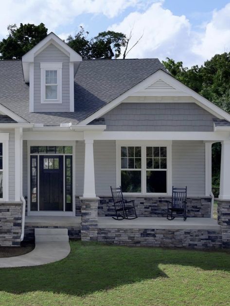 Stack Stone Exterior House Front Porches, Stone On Front Porch, Stone In Front Of House, Half Porch Front Of House, Grey Front Porch Ideas, Stone On Front Of House Exterior, Front Stone Patio, Faux Stone Panels Exterior Front Porches, Front Porch Stone Ideas