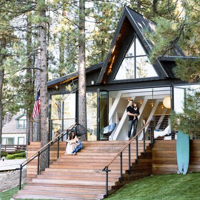 I love this A frame cabin! A Frame Addition Ideas, A Frame Addition, Sarah Abbott, Wide Stairs, Frame Addition, Frames Design, Bedroom Addition, A Frame Cabins, Building Remodeling