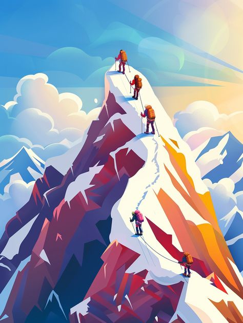 #Mountaineers #MountEverest #StudioGhibli #FlatIllustration #Vector #TravelPoster #3:4 #TheCandie Everest Illustration, Inspirational Digital Art, Mountain Illustration, Vector Elements, Fluffy Clouds, Long Shadow, Mountain Climbing, Flat Illustration, Cool Diy