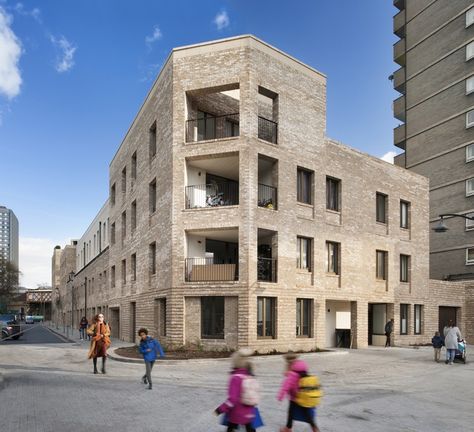 Urban Corner Architecture, Corner Architecture Building, Inset Balcony, Collective Housing, Brick Cladding, Brick Detail, Brick Arch, British Architecture, Hotel Plan