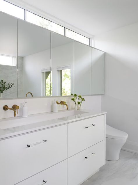 White Vanity Mirror, Vintage Faucet, Dark Bathroom, Black Floor Tiles, Dark Bathrooms, Trough Sink, Contemporary Bathroom Designs, Transitional Bathroom, Vintage Bath