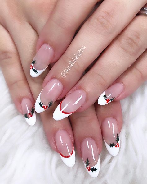 Chrismath Nails, White French Tips With Mistletoe, Mistoetle Nails, Holly Design Nails, Misltoe Christmas Nails, Holly Leaf Nails, Christmas Nails French Tip Red, Mistletoe Nail Art, Holly Christmas Nails