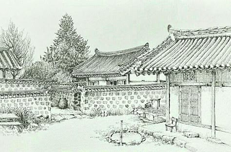 Korean Building, Learn Korea, Ink Pen Art, Asian Architecture, Urban Sketching, Ink Pen, Pen Art, Drawing Tutorials, Pen Drawing