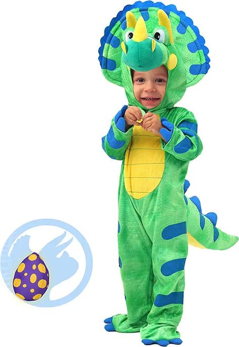 Unisex Triceratops Dinosaur Costume for Child, Baby and Infant, includes Dinosaur Hood, Jumpsuit with Attached Tail and Shoe Covers, and 1 Plush Egg! Baby Kid Triceratops Dinosaur Costume Deluxe Set for Boys and Girls. Realistic Looking, Super Durable. Superior Quality. 100% Polyester. CHILD SAFE: Non-Toxic. Meet US Toy Standard. Safety Test Approved. Costume Dinosaure, Kids Dinosaur Costume, Safari Costume, Halloween Party Accessories, Dino Costume, T Rex Costume, Dinosaur Halloween Costume, Trick Or Treat Costume, Baby Kostüm