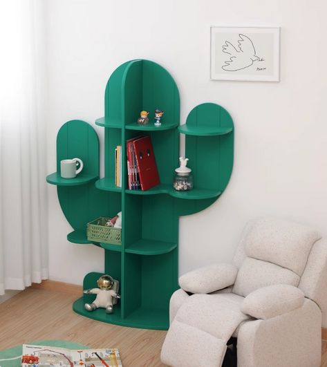 Cactus shaped bookshelf， storage for children's books, toys and accesories. #childrensbooks #storage #colorfulfurniture #homedecor #interiordesign Cactus Bookshelf, Funky Bookshelves, Bookshelf Designs, Bookshelf Storage, Bookshelf Design, Funky Home Decor, Shelving Units, Cardboard Art, Dressing Tables