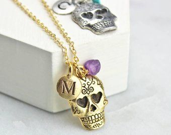 Sugar Skull Necklace - Personalised - 16th - 18th - 21st - 30th - Birthday - March Birthstone - Gift for her Sugar Skull Necklace, Sugar Skull Jewelry, Gem Necklace, Dainty Chain, Skull Jewelry, March Birthstone, Skull Necklace, Sugar Skulls, Beaded Skull