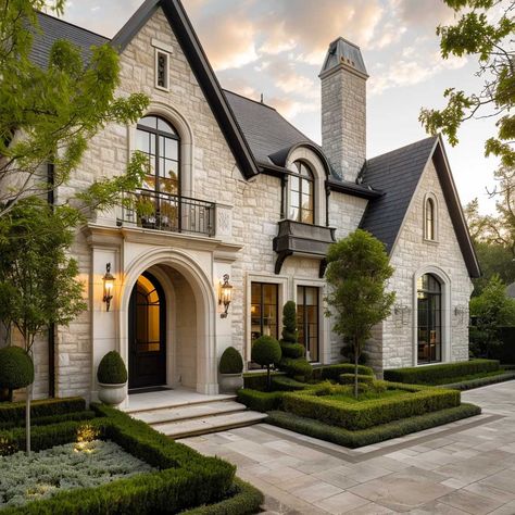 The Art of Modern French Country Exterior Styling • 333+ Art Images Exterior Of Homes Ideas, French Country Stone Exterior, Tuscan Style House Exterior, Courtyard Entrance Ideas, Front Porch Stone Ideas, French Chalet Exterior, Luxury Home Exterior Design, Modern French Country Exterior Homes, French House Exterior Modern