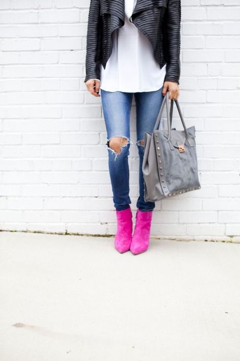 Fuschia Boots Outfit, Outfit With Pink Boots, Pink Ankle Boots Outfit, Hot Pink Boots Outfit, Hot Pink Shoes Outfit, Pink Booties Outfit, Pink Boots Outfit, Hot Pink Boots, Pink Shoes Outfit