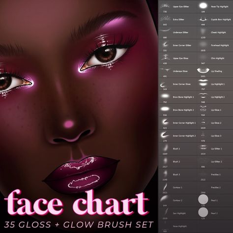 Face Chart 35-Piece Gloss & Glow Stamp Brush Pack | Photoshop, Procreate, Krita, Clip Studio Paint Paint Png, Face Charts, Sims 4 Cc Makeup, Procreate Brushes Free, Flawless Makeup Application, Face Chart, How To Make Drawing, Highlighter Brush, Stunning Makeup