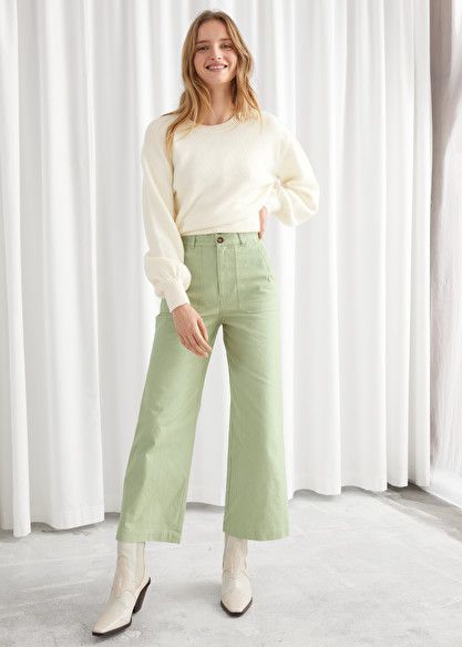 Wide Leg Cotton Canvas Trousers - Light Green - High Waisted Trousers - & Other Stories Mint Green Pants Outfit, Green Trousers Outfit, Mint Green Pants, Green Pants Outfit, Women High Waist Pants, Trend Board, Trousers Outfit, Recruitment Outfits, Green Trousers