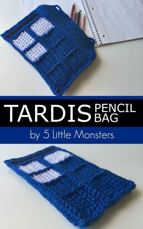 Crochet Tardis, Doctor Who Crochet, Crochet Sewing, Knit Projects, Geek Crafts, School Craft, Sewing Embroidery, Pencil Bag, Crochet Cross