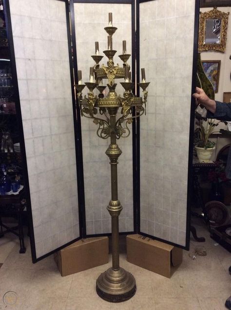 Antique Gothic Floor Lamp 9 Light Candelabra Cherub Angels 75" | #1784917387 Gothic Floor Lamp, Floor Candelabra, Floor Candle, Vintage Floor, Gothic Decor, Floor Lamp Lighting, Wedding Design, Aesthetic Room Decor, Floor Lights