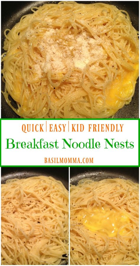 Breakfast Noodle Nests - A kid-friendly breakfast made with cold pasta noodles, eggs, and Parmesan cheese. SO easy to make and my kids love them! | Recipe on basilmomma.com Noodles And Eggs Breakfast, Noodle Breakfast Recipes, Breakfast Noodles Recipes, Pasta With Eggs, Leftover Spaghetti Noodles, Noodle Breakfast, Breakfast Noodles, Pasta Cold, Breakfast Pasta