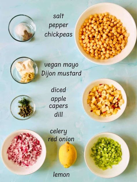 Chickpea salad ingredients Vegan Chickpea Salad, Chickpea Tuna Salad, Vegan Chickpea, Salad Toppers, Vegan Mayo, Diced Apples, Chickpea Salad, Tuna Salad, Fresh Veggies