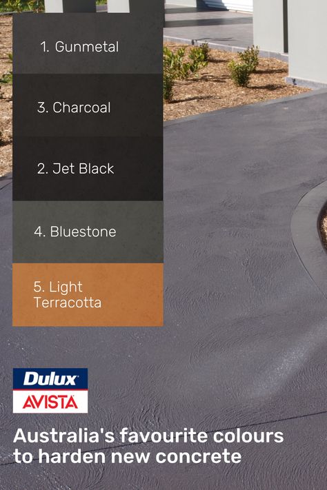 Are you pouring new concrete as part of your home build or landscaping project? Dulux Avista's Colour Hardeners are applied by hand casting over freshly poured concrete – they add strength at the same time as style. Dark shades are really dominating our top selling colours! Visit our website to explore your options to colour new concrete. Dark Grey Concrete Driveway, Coloured Concrete Outdoor, Coloured Concrete Driveway, Colored Concrete Driveway, Southern Courtyard, Colored Concrete Patio, Concrete Path, Hand Casting, Grey Houses