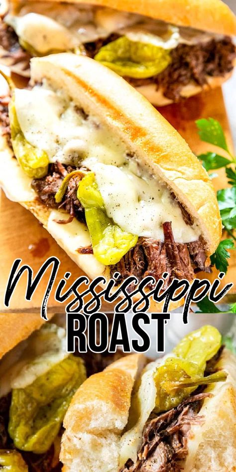 Mississippi Roast on a sandwich Crockpot Roast Sandwiches, Roast With Peppercinis Crock Pot, Leftover Roast Sandwiches, Chuck Roast Crock Pot Recipes Sandwiches, What To Serve With Mississippi Pot Roast, Mississippi Roast Sliders, Missippi Pot Roast Sandwich, Chuck Roast Sandwich Crock Pot, Roast Sandwiches Crock Pot