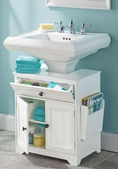 Or I could buy something like this. 18 spacesaving ideas for your bathroom  Living in a shoebox Pedestal Sink Storage Ideas, Pedestal Sink Storage, Bathroom Pedestal Sink, Bathroom Sink Cabinets, Diy Bathroom Storage, Under Sink Storage, Sink Storage, Pedestal Sink, Small Bathroom Storage