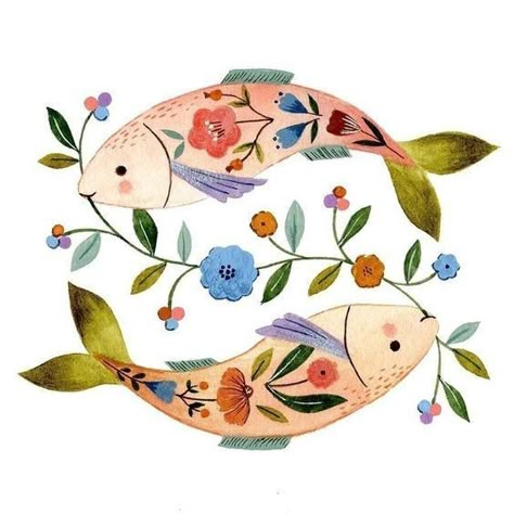 Flora Waycott, طابع بريدي, Arte Folk, Folk Art Flowers, Artwork Gallery, Fish Illustration, Scandinavian Folk Art, Acrylic Artwork, March 1