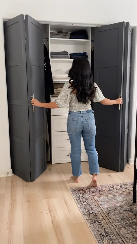 Premade bifold doors + wood trim & paint = 🖤. Still one of our favorite (and one of the easiest) DIYs to date ✨ #homediy #diyhome… | Instagram Bifold Bedroom Door Ideas, Diy Double Closet Doors, Modern Closet Doors Bedrooms, Interior Bifold Doors Ideas, Diy Closet Bifold Doors, Wood Bifold Closet Doors, Hallway Closet Door Makeover, Closet Door Diy Ideas, New Closet Doors