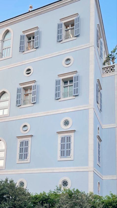 Light Blue Architecture, Blue Building Aesthetic, Light Blue Building, Pale Blue Aesthetic, Light Blue House, Pastel Buildings, Loft Exterior, Light Blue Houses, Blue Moodboard