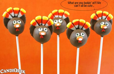 Turkey Cake Pops by Miss CandiQuik Turkey Cake Pops, Thanksgiving Cake Pops, Thanksgiving Turkey Treats, Cake Pops Recipe, Pumpkin Cake Pops, Thanksgiving Desserts Kids, Thanksgiving Cake, Turkey Cake, Turkey Treats