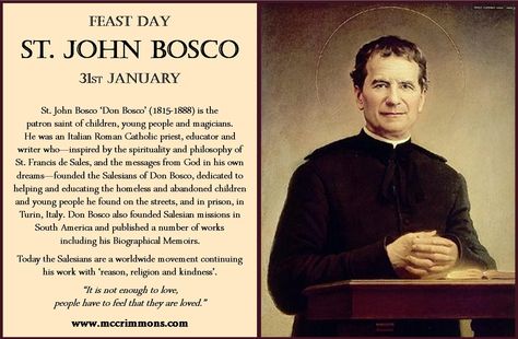 St. John Bosco 'Don Bosco' - Feast Day 31st January St Don Bosco Quotes, Happy Feast Of St John Bosco, John Bosco Quotes, St John Of Capistrano Quotes, St. Alphonsus Liguori Quotes, Saints For Kids, Happy Feast, St John Bosco, Saint Feast Days