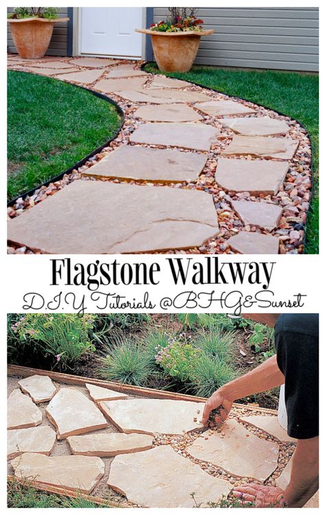 Walkway Diy, Flagstone Pathway, Flagstone Walkway, Landscaping Inspiration, Tutorials Diy, Yard Work, Diy Tutorials, Walkway, Curb Appeal