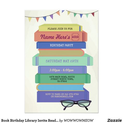 Book Birthday Library Invite Reading Stack Book Birthday Party, Book Themed Birthday Party, Book Birthday Parties, 10th Birthday Party, Book Club Parties, Book Themed Party, Book Birthday, Book Exchange, Teacher Birthday