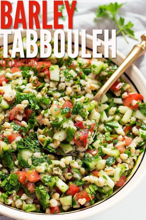 This barley tabbouleh is a unique take on the classic vegetarian salad including bulgur wheat. It has an abundance of fresh herbs, tomato, and cucumber. The lemony dressing soaks into the grains making this healthy salad irresistible as side dish or pita filling. #salad #sidedish #vegetable #healthy #vegetariansalad #tabbouleh #pearlbarley Barley Tabbouleh, Pita Filling, Barley Recipe Healthy, Lemony Dressing, Tomato And Cucumber, Tabbouleh Recipe, Barley Recipe, Barley Salad, Bulgur Wheat