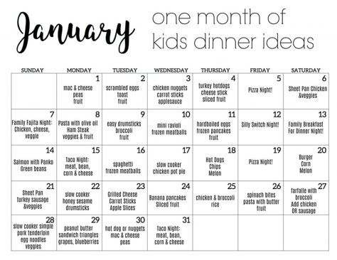 31 Days of Meal Ideas for Kids: January Kids Dinner Calendar - The Chirping Moms Month Dinner Calendar, Weeknight Dinner Calendar, Meal Idea Printable, Dinner Monthly Calendar, Dinner Meal Calendar, Day Of The Week Meal Themes, January Meal Plan 2024, Homeschool Meal Planning, School Lunch Menu Calendar