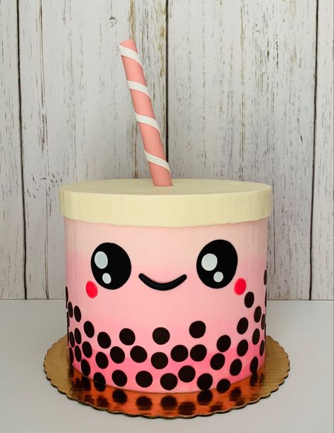 Boba Cakes Ideas, Boba Theme Cake, Boba Tea Cake Ideas, Bubble Tea Cake Design, Boba Tea Party Ideas, 10 Birthday Cake Girl, Boba Cake Birthday, Boba Birthday Cake, Boba Party Theme