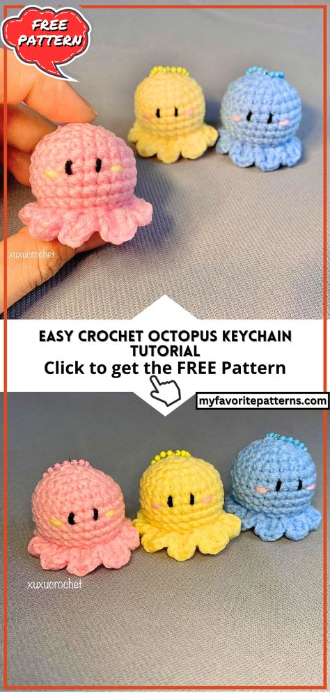 Easy Crochet Octopus Keychain Tutorial Simple Crochet Octopus, Crochet Amigurumi Free Patterns Easy Key Chains Patterns, Crochet Octopus Keychain Free Pattern, Octopus Keychain Crochet Pattern, Crochet Simple Keychain, Quick Crochet Keychain Free Pattern, Crochet Keychain Pattern Free Simple, Crochet Octopus Keychain, Crochet Keychain Pattern Free Key Rings