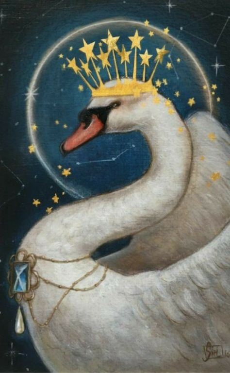 Swan Mythology, Swan Illustration Vintage, Swan Lake Art, Swan Paintings, Swan With Crown, Swan Crown, Swan Illustration, Swan Artwork, Art Deco Swan