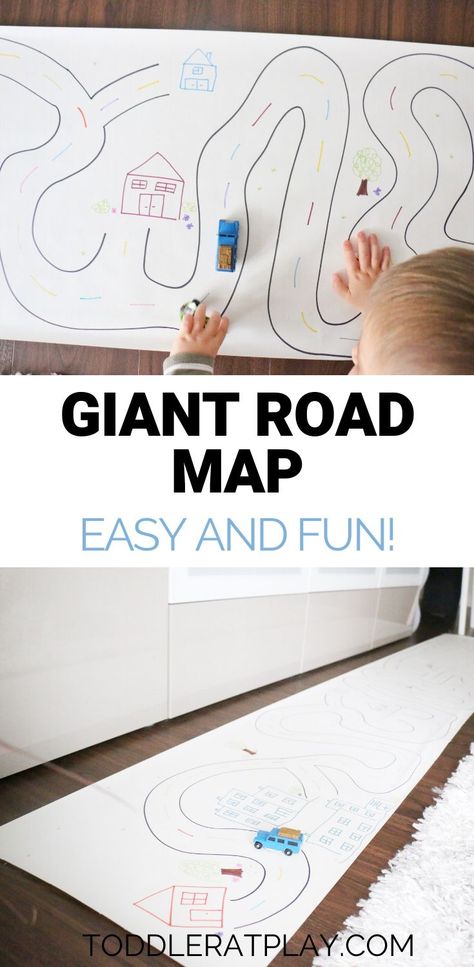 This Giant Road Map is something anyone can set up in a zap! You’ll need only a few basic craft supplies and a bit of drawing skills.   #creativeplay #giantroadmap Roads And Signs Preschool, Road Study Creative Curriculum, Geography Crafts, Road Trip Theme, Care Too Much, Toddler Curriculum, Road Kids, Transportation Preschool, Map Crafts