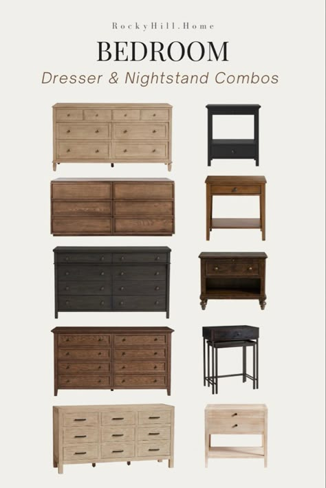 Coordinated dressers and nightstands from pottery barn and Target Master Bedrooms Furnished, Mixed Dressers In Bedroom, Diy Dresser And Nightstand, Mix Match Nightstand And Dresser, Mixed Match Bedroom Furniture, Bedroom Dresser Nightstand, Transitional Bedroom Dresser, Bed With Two Nightstands, Bedroom Furniture Mismatched