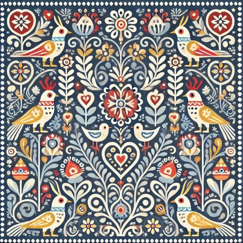 Bring the charm of traditional Scandinavian folk art into your home with this whimsical digital art print. This design features intricate patterns of birds, flowers, and hearts, all arranged in a symmetrical composition that celebrates the beauty of nature and folk traditions. The art is rendered in a rich, earthy color palette of navy blue, red, and mustard yellow, making it a perfect addition to any cozy or rustic decor. This high-resolution digital file allows you to print the artwork in the size that best fits your space. Ideal for living rooms, kitchens, nurseries, or as a thoughtful gift for lovers of folk art and Scandinavian design. Scandinavian Folk Art Patterns, Folk Art Mural, Scandinavian Folk Art Animals, Scandinavian Floral Pattern, Scandinavian Folk Art Door, Scandinavian Folk Art Swedish Style, Scandi Illustration Folk Art, Scandinavian Motifs, Scandinavian Folk Art Border