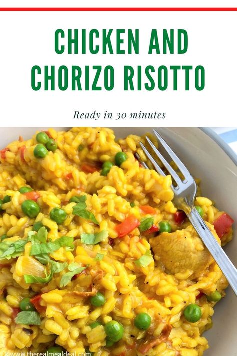 chicken and chorizo risotto with red pepper peas topped with fresh parsley leaves Chicken And Chorizo Recipes, Chicken And Chorizo Risotto, Chorizo Risotto, Risotto Recipes Chicken, Risotto Recipes Easy, Chicken And Chorizo, Garden Peas, Chorizo Recipes, Meat Recipes For Dinner