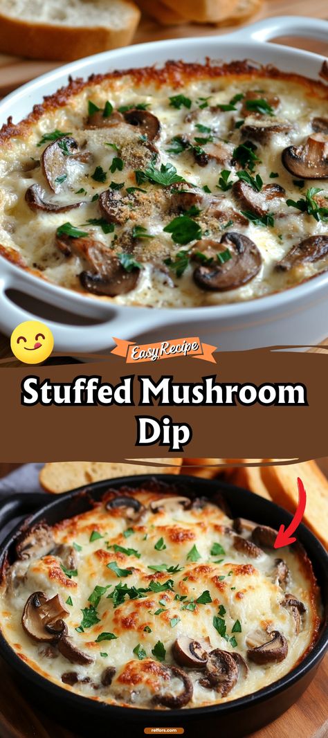 Transform your appetizer game with this creamy, savory Stuffed Mushroom Dip. Packed with the flavors of your favorite stuffed mushrooms, it’s a crowd-pleasing dip perfect for any party or gathering. #MushroomDip #PartyFood #SavorySnack Pioneer Woman Mushrooms, Thanksgiving Recipes Mushrooms, Easy Mushroom Appetizer, Stuff Mushroom Dip, Stuffed Mushrooms Dip, Appetizers With Mushrooms, Sliced Mushroom Appetizer, Stuffed Mushroom Dip Appetizer Recipes, Mushroom Thanksgiving Side