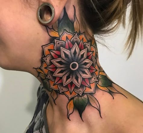 Color Neck Mandala Mandala Neck Tattoo, Throat Tattoos, Mandala Arm Tattoo, Mandala Tattoo Back, Flower Neck Tattoo, Dotwork Tattoo Mandala, Small Mandala Tattoo, Nape Tattoo, Best Neck Tattoos