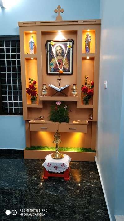 Prayer Room, Lighting, Storage Designs by Carpenter sunil cv cv, Alappuzha | Kolo Home Altar Catholic Beautiful, Wall Altar Ideas Catholic, Wall Altar, Altar Catholic, Home Altar Catholic, Wooden Ceiling Design, Catholic Altar, Altar Design, Mini Altar