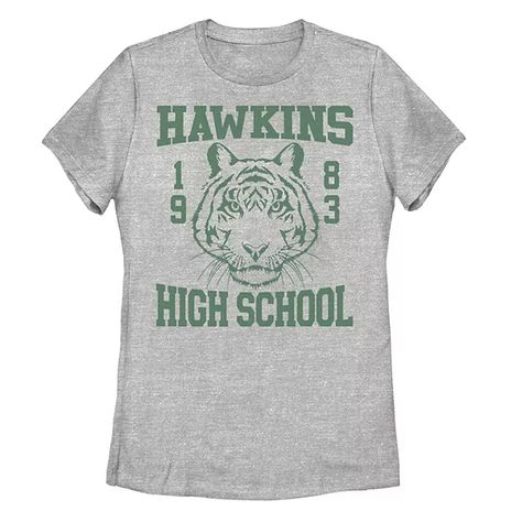 Juniors' Stranger Things Hawkins High School Tiger Graphic Tee Dustin Henderson Outfit, Hawkins High School, Stranger Things Style, School Branding, Dustin Henderson, Tiger Graphic, Fundraiser Ideas, Spirit Wear, Slim Fit Shorts