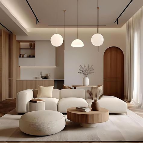 Embraces a modern minimalist Japandi approach, where simplicity and functionality converge to create an elegant and serene living space in a small apartment in Tokyo. The room is defined by its clean lines, neutral colour scheme, and an abundance of natural light that enhances the sense of openness. White upholstered seating provides a crisp contrast to the warm wooden accents seen in the center tables and the arched doorway, adding a touch of timeless charm. Strategic lighting, including sph... Basic Living Room Designs, Japandi Living Room Design Small Apartment, Japandi Interiors Hdb, Japan Style Apartment, Small Apartment Japandi Style, Japandi Interiors Apartment, Japandi Condo Interior, Japandi Living Room Small Apartment, Japandi Style Apartment